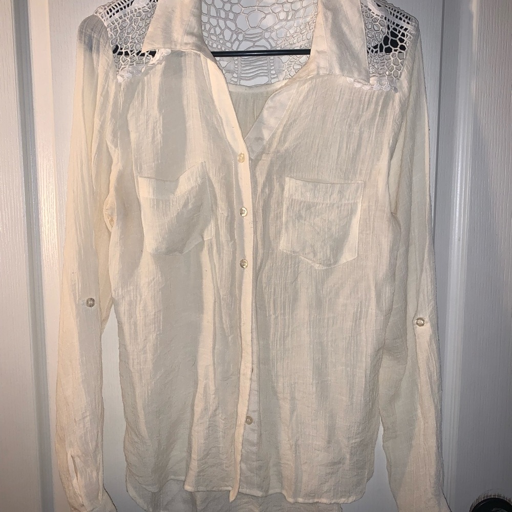 Wishful Park Cream Button Down with Lace Detail